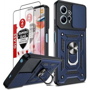 Kal-Coque Pour Xiaomi Redmi Note 12 4g(Pas 5g) Anneau Avec 2*Verre Trempé+Full Protection Caméra Coulissante, Étui De Pc Dur Et Tpu Silicone Militaire Anti-Rayures Coque Redmi Note 12 Antichoc-Bleu - Neuf