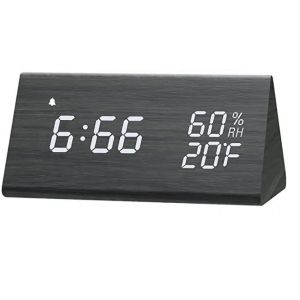 Réveil numérique LED en forme de triangle - En bois - Moderne - Horloge de table - Réveil numérique avec commande vocale, fonction snooze, date, température et humidité de l'air. (Nior) - Neuf