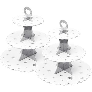Lot De 2 Présentoirs À Gâteaux En Carton À 3 Étages-Pour Cupcakes,Desserts,Muffins,Fêtes,Mariages,Anniversaires,Fêtes,Petits Pains-Silver Star - Neuf