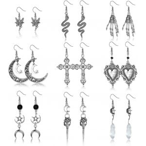 Kal-Lot Boucles D'oreilles Gothique Pour Femme Goth Vintage Grunge R&eacute;tro Argent Punk Rock Serpent Mauvais ?il Coeur Pendantes F&eacute;e Squelette Soleil Lune Boucles D'oreilles Halloween Bijoux - Neuf
