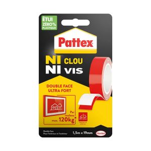 Ni Clou Ni Vis - Ruban adh&iquest;&iquest;sif double face ultra fort (rouleau de 1,5 m x 19 mm) - Adh&iquest;&iquest;sif de montage pour int&iquest;&iquest;rieur & ext&iquest;&iquest;rieur - Maximum 120 kg par rouleau - Neuf