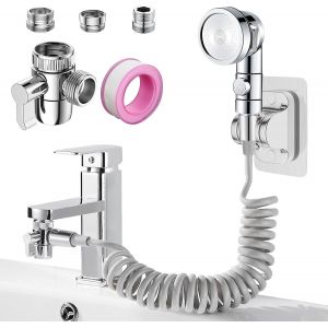 ERYI-3 Modes Douchette Lavabo Salle De Bain Avec Tuyau Télescopique De 2M Et Support, Ensemble Pommeau Douche Pour Lavabo Avec 3 Voies Valve Inverseur De M22-24 G1/2(Gris Tuyau) - Neuf