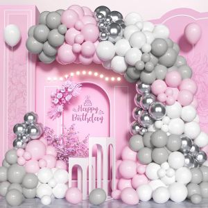 Balloon Arch Kit, 133 Pcs 5/10/12 Inch Garland Balloons Pastel Pink Grey White, Latex Balloons Different Sizes For Girls Women Birthday Baby Shower Decoration Party Wedding - Neuf