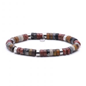 Bracelet Acier Perles Heishi 6mm Pierre Webstone Jaspe S&eacute;same Rouge Bamboo - Neuf