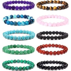 Eryi-10 Pièces Bracelet Pierre Naturelle Lithothérapie Pour Hommes Femme - Améthyste, Quartz Rose, ?il De Tigre, Pierre De Lave - Perles Élastiques - Neuf