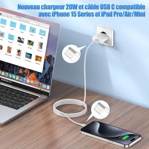 2pack Chargeur Rapide Iphone 15 16 17, 20w Usb C Chargeur Et Usb C Cable 2m Pour Iphone 17/17 Pro Max/16/16 Pro/15 Plus/15 Pro Max, Ipad Pro/Air/Mini, Galaxy S23/S22, Usbc Prise Secteur Adaptateur - Neuf