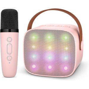 Microphone karaok&eacute; pour enfants (rose) Bluetooth avec haut-parleur sans fil et lumi&egrave;res LED - Cadeau pour fille - Jouet de modification de la voix - Neuf