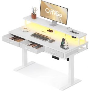 SUBZONAL-Bureau Assis Debout avec 3 Tiroirs, 120cm Bureau Electrique avec Support de Moniteur, Standing Desk avec Chargeur et Lumi&egrave;re LED, Table pour Le Travail, Blanc - Neuf