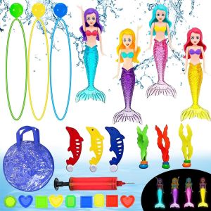 Kal-24 Pièces Jouets De Plongée Pour Enfants, Jeu De Jouets De Plongée Sous Marine, Anneaux De Plongée, Avec Sirène Qui Brille La Nuit, Animaux Marins Et Pierre Précieuse, Pour Enfants De 5-12 Ans - Neuf