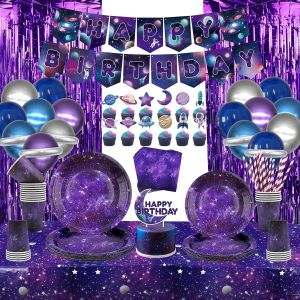 Chicslick-Galaxie Spatiale Fournitures De Fête ¿ Bannière Happy Birthday Party ¿ Ballons, Rideaux En Aluminium, Assiettes, Décoration De Fête D'anniversaire Sur Le Thème De L'espace, Pour 20[X1522] - Neuf