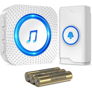 Sonnette sans Fil &agrave; Pile, 400M Sonnette Longue Port&eacute;e Exterieur &Eacute;tanche Electronique, Kit de Carillon avec R&eacute;cepteurs pour la Maison, LED Bleu, 55 M&eacute;lodies, 5 Niveaux Volumes, Blanc - Neuf