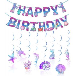 Senior-Décoration D'anniversaire Sirène, Sirène Iridescente, Guirlande Holographique, Streamer, Sirène, Monde Sous-Marin, Bannière Happy Birthday, Guirlande De Décoration D'anniversaire[L2548] - Neuf
