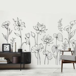 Stickers Muraux Fleurs en Traits Noirs et Blancs-Autocollant Mural Minimaliste avec Fleurs Stylis&eacute;es-D&eacute;co Murale Moderne Amovible sans Trace pour Chambre Enfant/Salon/Bureau - Neuf