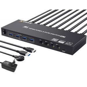 Switch KVM USB 3.0 HDMI 4 PC 1 Moniteur, KVM Switch 4 Ports 4K@60Hz EDID Simul&eacute;, Commutateur KVM Partage 4 P&eacute;riph&eacute;riques USB 3.0 Souris Sans Fil Clavier Imprimante, avec 5 C&acirc;bles et Wired Remote - Neuf