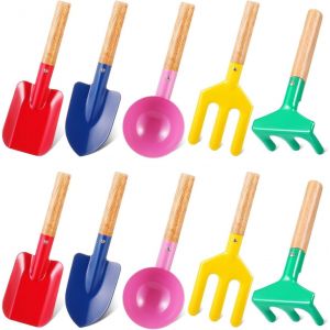 KALANKA-10 Pi&egrave;ces Outils de Jardinage pour Enfants, 20CM Jouet de Plage M&eacute;tal Cuill&egrave;re Fourchette Truelle R&acirc;teau Pelle avec Manche en Bois pour Enfants Cadeau Jardin Terre Repiquage &Eacute;t&eacute; Plage Creuser - Neuf