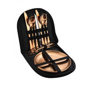 Ensemble De Couverts De Voyage En Acier Inoxydable Pour Pique-Nique Double (Or Rose) - Neuf