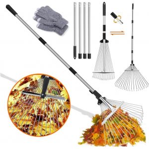 R&acirc;teau De Jardin Avec Barre En M&eacute;tal R&eacute;glable De 2,20 M Et Gants,R&acirc;teau &Agrave; Feuilles,&Acirc;ramasse Feuilles Mortes,R&acirc;teau &Agrave; Gazon,Pour Nettoyer Les Plantes,La Pelouse Et La Cour - Neuf