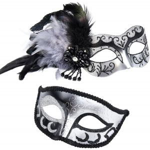 Masque De Bal Masqu&eacute; Avec Plume Pour Couple-Masque De Bal Masqu&eacute; Avec Plume Et Masque V&eacute;nitien Pour Homme.[J491] - Neuf