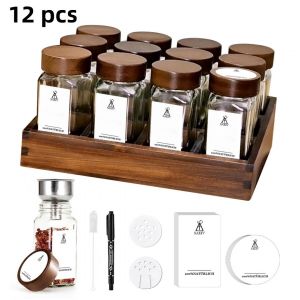 Élégant Plateau À Épices En Bois D&#39;Acacia | Étagère À Épices En Bois &#43; 12 Pots À Épices Carrés De 120 Ml | Étiquettes À Épices | Organisateur D&#39;Épices Naturelles | Étagère À Épices Avec Pots - Neuf