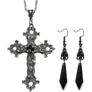 Trahoo-Ensemble De Colliers Et Boucles D'oreilles Avec Pendentif En Forme De Croix Gothique Et Cristal Rouge Et Noir Pour Femme - Neuf