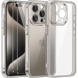 AEFJ-3 en 1 Coque Compatible avec iPhone 15 Pro 6.1 Pouces avec 2 Pi&egrave;ces Verre Tremp&eacute;, [Anti-Jaune] [Conception de Cam&eacute;ra Protection] Transparente &Eacute;tui Antichoc Housse-Titane Naturel - Neuf