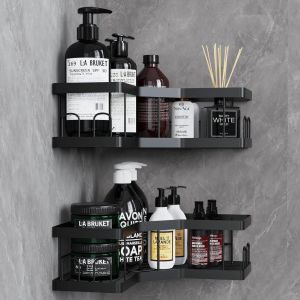JEXNOVASHOP-Rangement Salle de Bain, 2 Pcs Noir Etagere Salle de Bain Accessoire sans Percage, Acier au Carbone Etagere Douche avec Adhésif, Rangement Douche - Neuf