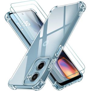 JGD-3 en 1 Coque pour Motorola Moto E15 / G05 avec 2 Pi&egrave;ces Verre Tremp&eacute;, Ultra Transparent &Eacute;tui de Protection en Silicone Antichoc, Souple TPU Anti-Rayures Bumper Housse - Neuf