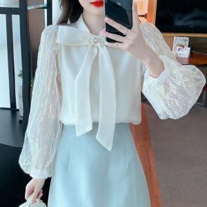 Chemise À Manches Longues Pour Femme, Style Français, Avec N?ud Papillon Et Paillettes, Manches Bouffantes, En Mousseline De Soie - Neuf