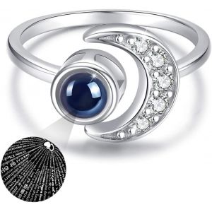 Yemaesre-Bague Lune En Argent Sterling 925 Avec Pierre De Lune/100 Langues Je T'aime/Turquo /Opale/Malachite/Oeil De Tigre/Pierre Lumineuse, Bague Réglable Ouvert Lune Pour Femmes Et Filles - Neuf