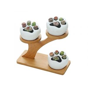 Lot de 3 pots &agrave; plantes succulentes en c&eacute;ramique avec support en bambou et pattes de chat - Neuf