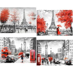 Ayuhr-/40x30cm 4 Pack Diamond Painting Architecture Monde,Broderie Diamant Kit Complet Pyasage Rouge Et Noir,Diy 5d Puzzle Diamant,Enfant Crystal Art Mur Décor,La Rue Devant Le Tour - Neuf