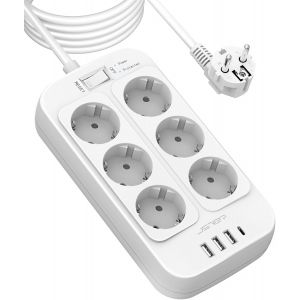 Multiprise 5M,Bloc Multiprise 6 Prises avec 4 Ports USB Chargeur (3 USB A+1 USB C) Prise Multi Parasurtenseur Parafoudre et Surtension avec Interrupteur pour Smartphone Tablette-Blanc - Neuf