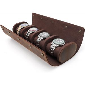 Kal-&Eacute;tui De Voyage En Cuir V&eacute;ritable Pour Montres, Bo&icirc;te De Rangement Pour Bijoux Et Montres, Pochette Souple Cylindrique (Caf&eacute; 2, Pour 4 Montres) - Neuf
