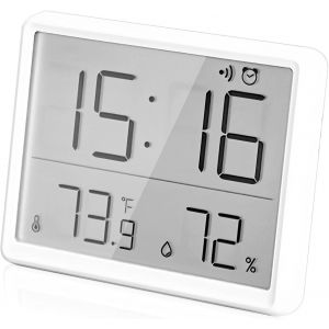 KAL-Réveil Numérique Avec Température Et Humidité Lcd - Réveil Numérique Avec Aspiration Magnétique - Multifonction - Petit Réveil De Voyage - Fonctionne Sur Piles - 12/24 Heures ¿/¿ - Blanc - Neuf
