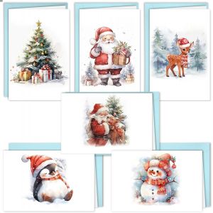CHECARZHN--NO1-Carte De Voeux Noël, 12 Pièces Noël Cartes De V?ux Et Enveloppes Avec 6 Motifs De Noël, Comprend 12 Carte + 12 Enveloppes, Carte De Noël Aquarelle Vierges - Neuf