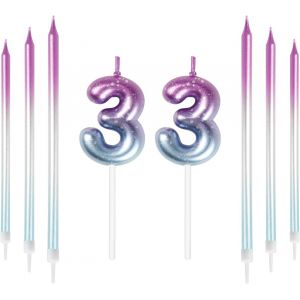 Eryi-Lot De 33 Bougies Colorées En Forme De Chiffre Avec 33 Longues Bougies Violettes Et Bleues Pour Gâteau, Anniversaire, Garçon, Fille, Homme, Femme, Décorations De Fête D'anniversaire, Anniversair - Neuf