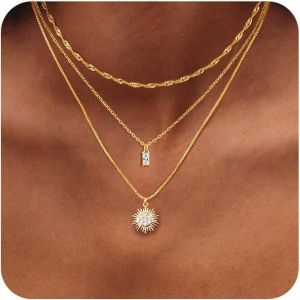 Colliers Femmes En Or Pour,Collier Pendentif Personnalis&eacute; Or 14k, Du Cou Simples,Ensemble De Colliers Ras Cha&icirc;ne D&eacute;licate En Or,Bijoux Tendance Empil&eacute;s Pour Femmes - Neuf