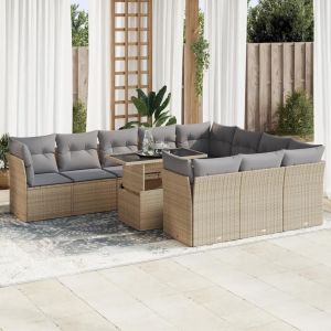 Salon De Jardin 11 Pcs Avec Coussins Beige Résine Tressée - Neuf