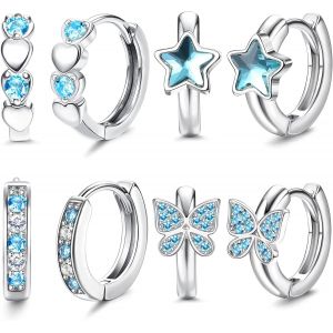 Kal-4paires Petites Boucles D'oreilles Créoles Argent Pour Femme Fille Hypoallergénique Rose/Bleu C?ur Étoile Papillon Zirconium Huggie Boucles D'oreilles Créoles Ensemble Pour Enfants - Neuf