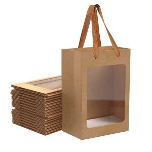 12 Pcs Papier Brun VTF5 Sacs-Cadeaux avec Fen&ecirc;tre Transparente, 9.84""x7.0""x5.12"" Kraft Sacs avec Poign&eacute;es pour le Bouquet de No&euml;l - Neuf