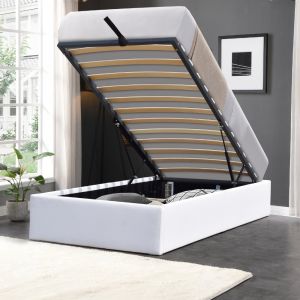 Lit 90x190 Coffre Gris - 12 Lattes - Montage Rapide et Facile - Rev&ecirc;tement PVC Simili Facile d'Entretien - Confort Optimal - Meuble Rangement Pratique - LIT MANON BLANC - Neuf