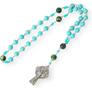Store Collier Chapelet Anglican En Perles Turquoise Avec Pri&egrave;re En Perles Et Croix Celtique - Neuf