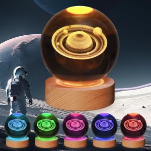 Veilleuse Solaire 3d En Forme De Boule De Cristal - 8,9 Cm - 7 Couleurs Changeantes - Pour Décoration De Chambre À Coucher - Cadeau De Noël D'anniversaire Pour Garçons Et Filles (Saturne) - Neuf