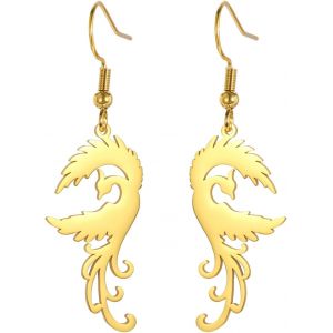 Kal-Boucles D'oreilles Pendantes Phénix En Acier Inoxydable Pendentif Animal Mythologique Oiseau Amulette Du Renaissance Du Phénix Bijoux De Protection Pour Femme Et Fille - Neuf