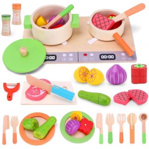 Accessoire Cuisine Enfant,Bois Pots Casseroles Jouet Et Cuisine Enfant Fruits Et L&eacute;gumes &Agrave; D&eacute;couper,Chef Jeu De R&ocirc;le &Eacute;ducatifs Pour Filles Gar&ccedil;ons 3-6 Ans - Neuf