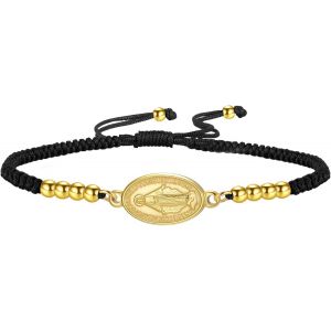 Bracelet En Corde Tress&eacute;e Vierge Marie Pour Femme M&eacute;daille Miraculeuse Catholique Bijoux Religieux Acier Inoxydable Bracelet &Agrave; Breloques Tress&eacute; R&eacute;glable - Neuf