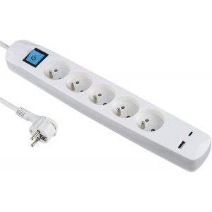 TIANYI-35614 Bloc Multiprise 5 Prises Fran&ccedil;aises + 2 USB 3.4A 17W A + 1 Type C, avec Interrupteur on/Off, Fiche Extra Plate 90&deg; 16A, C&acirc;ble 1.5M, Blanc - Neuf
