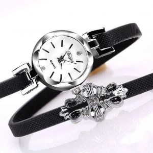 Duoya Femmes Pu Sangle D&eacute;coration Bracelet Montre-Bracelet Cha&icirc;ne Robe Montre &Agrave; Quartz (Noir) - Neuf