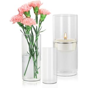 KALANKA-3 Pièces Vase À Fleurs en Verre Cylindrique Transparent, Porte-Bougie Hurricane Candle Holder, Verre Ouragan Bougeoir Flottante, Vases de Base Modernes en Verre pour Déco de Table Maison (10+ - Neuf