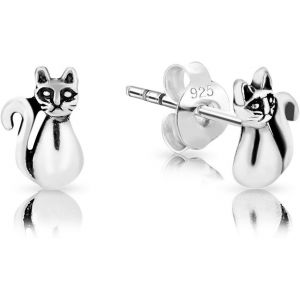 Kal-® Petits Clous/Puces D'oreilles En Argent Fin 925 - Forme De Chat Assis Avec Effet Oxydé - Taille: 5 X 8 Mm - Neuf